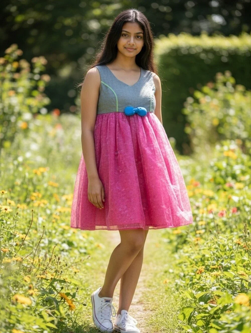 Marius Musat Designer Girls' Pink Tulle Dress with Grey Bodice & Blue Bow‎ 14/16